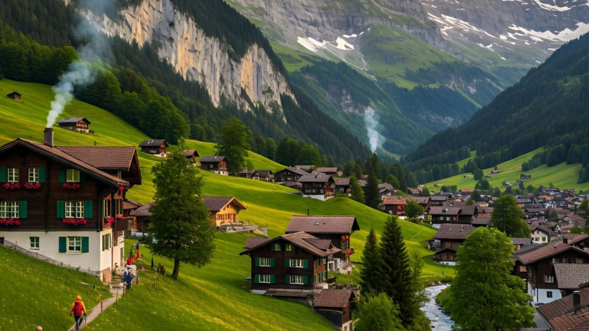 Swiss village in mountains with snow-capped peaks