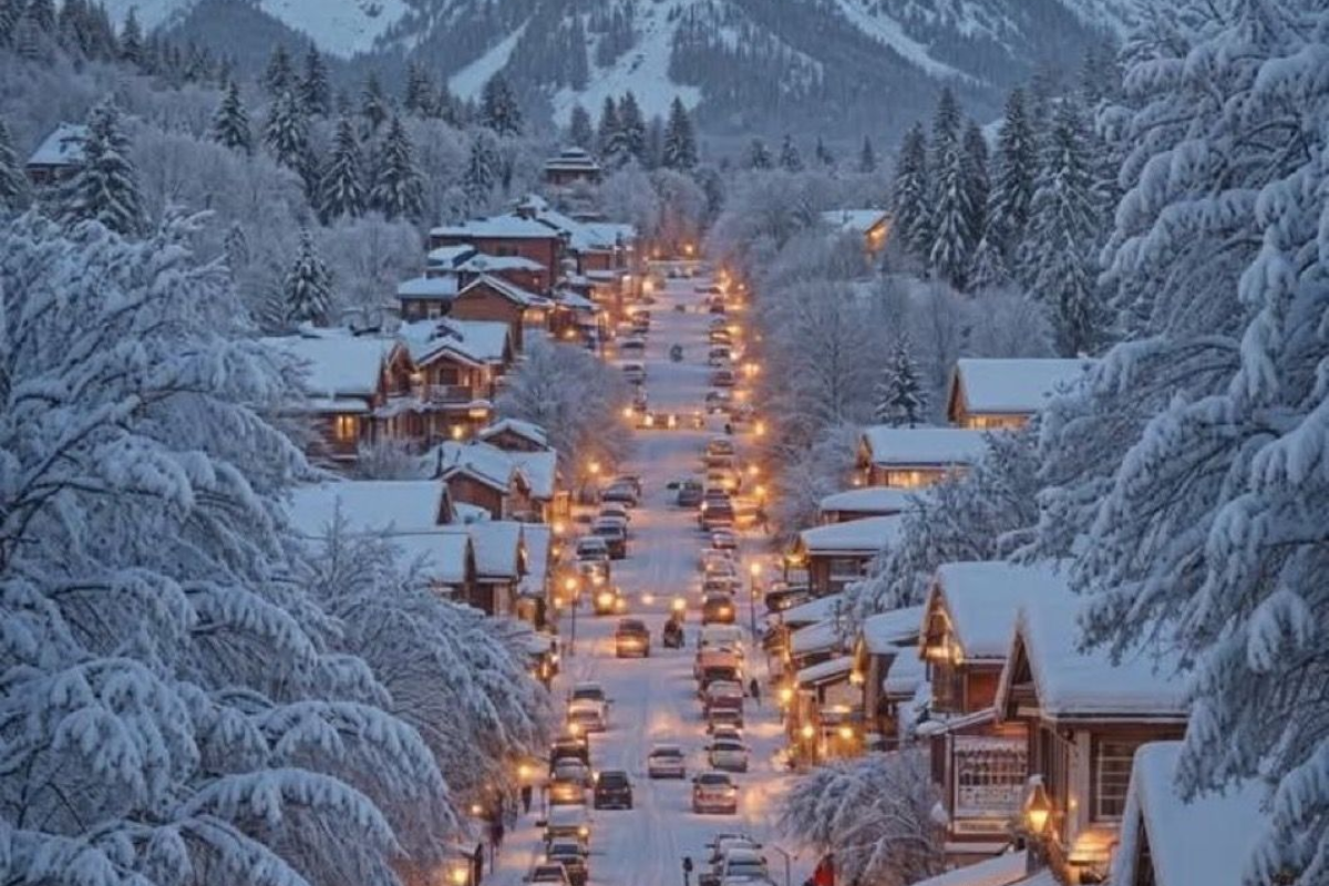 A winter scene of a snow‑covered village street lined with chalet‑style houses and street lamps, flanked by pine trees and mountains in the background.