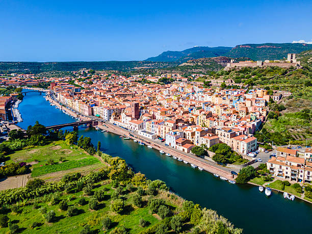 A view of the town of Bosa in Sardinia, showing rows of colorful houses along the Temo River with a medieval castle on the hill - Image by istockphoto.com.